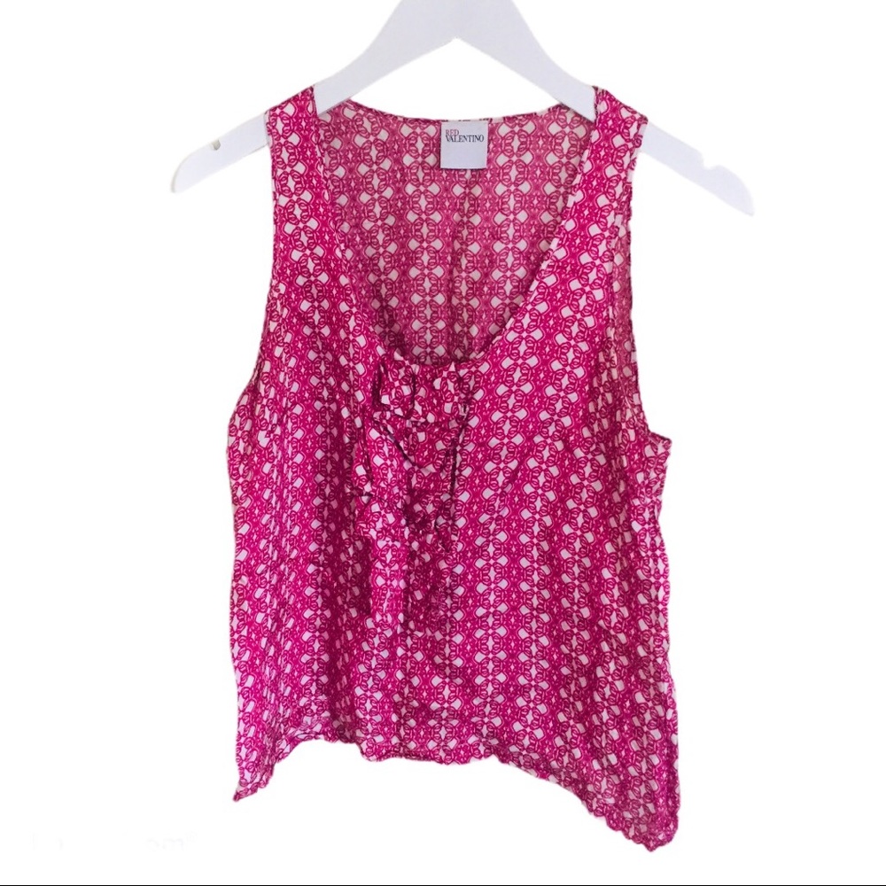RED VALENTINO Raspberry Pink Geo Print Ruffle Front Tank Blouse Top 6 - Picture 7 of 12